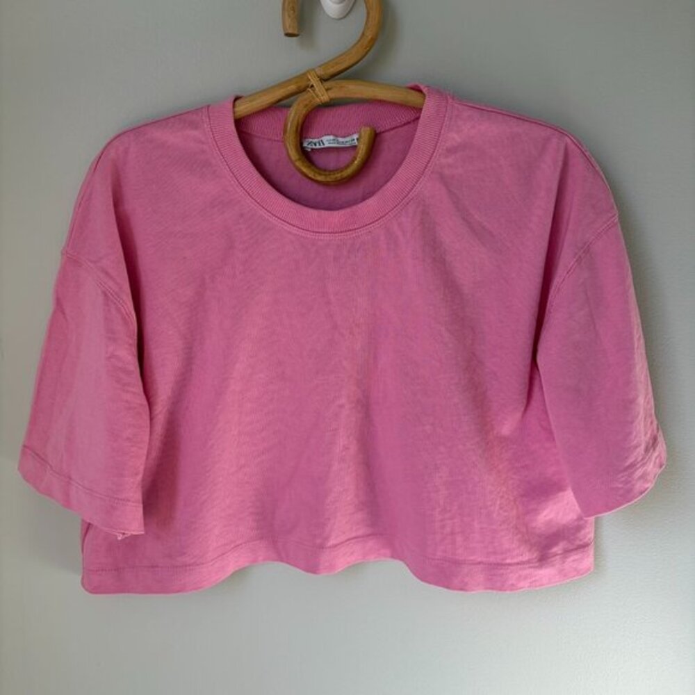Zara Pink Cropped Cotton Tee Women's Medium